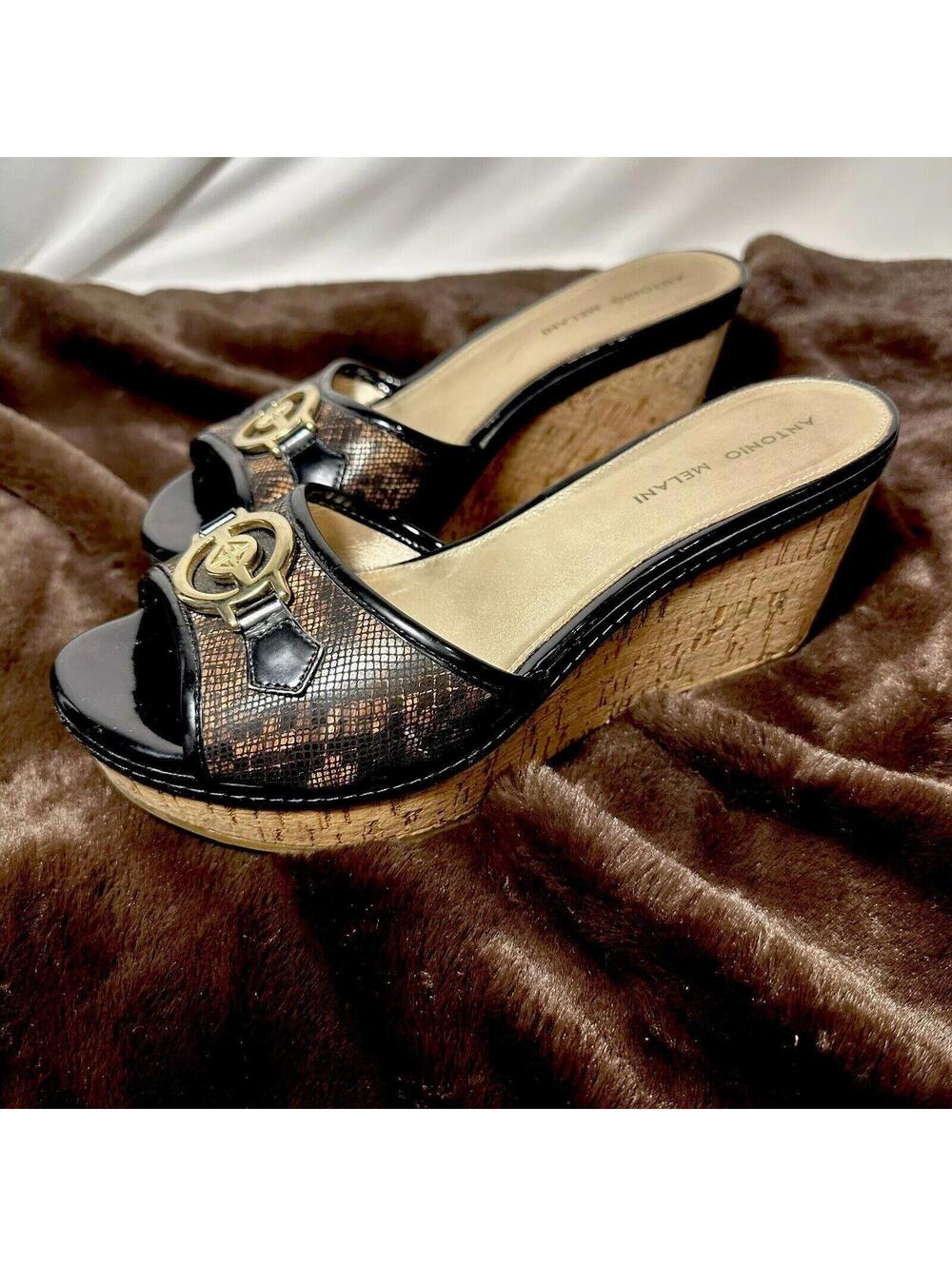 Antonio Melani slide wedge Sandal Sz 10 Gold Black Fancy Comfortable Cork Sole